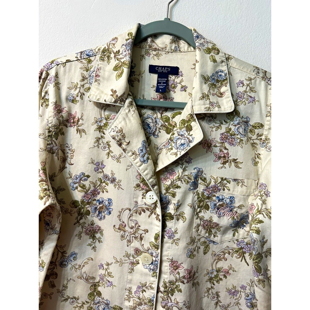 Chaps Womens Size L Floral Pajama Shirt Long Sleeve 100% Cotton Button Up Lounge